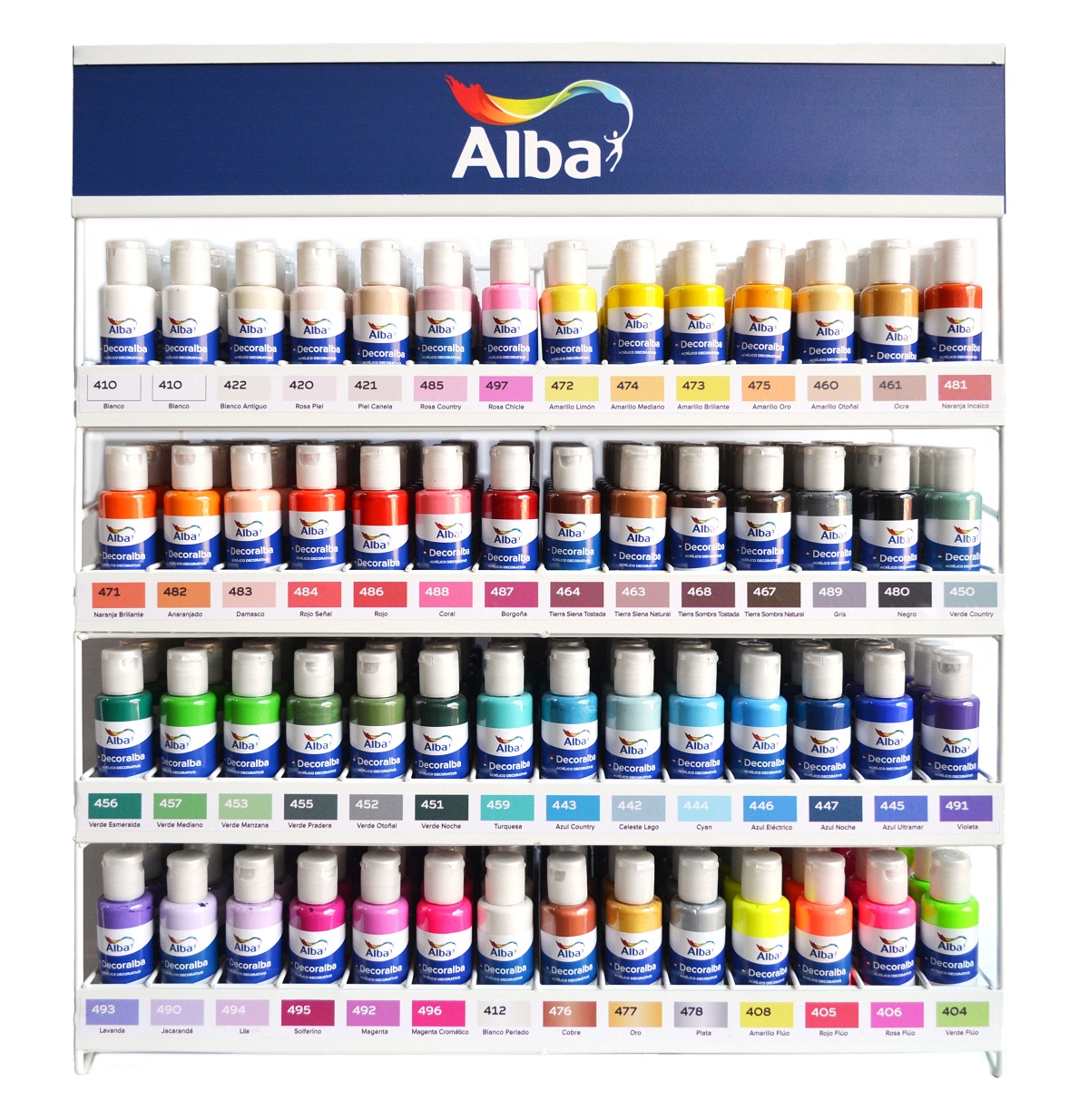 Exhibidor de acrilico decorativo alba + 168 unidades
 
tarros de 60cc (3 tarros de cada color) + mueble exhibior para comercios